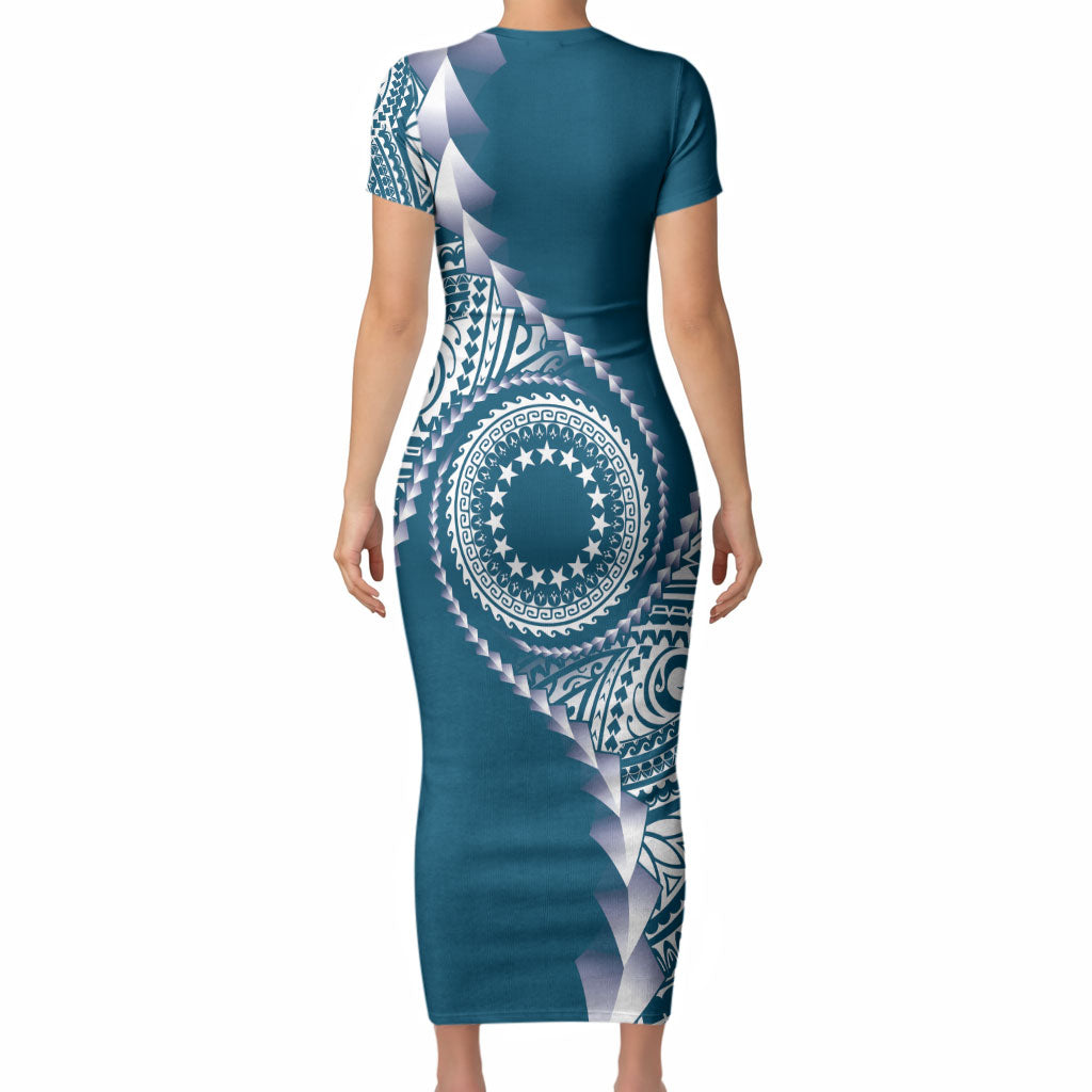 Cook Islands Gospel Day Short Sleeve Bodycon Dress Blue Tribal Curves LT05 - Polynesian Pride