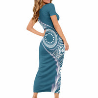 Cook Islands Gospel Day Short Sleeve Bodycon Dress Blue Tribal Curves LT05 - Polynesian Pride