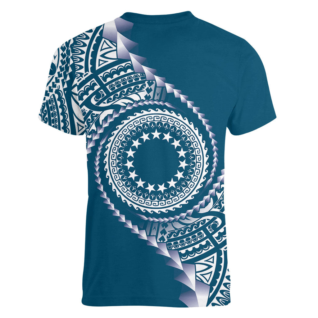 Cook Islands Gospel Day Women V-Neck T-Shirt Blue Tribal Curves LT05 - Polynesian Pride