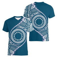 Cook Islands Gospel Day Women V-Neck T-Shirt Blue Tribal Curves LT05 - Polynesian Pride