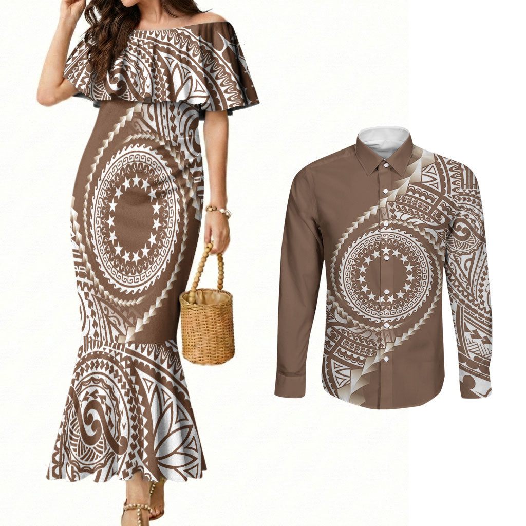Cook Islands Gospel Day Couples Matching Mermaid Dress and Long Sleeve Button Shirt Brown Tribal Curves LT05 Brown - Polynesian Pride