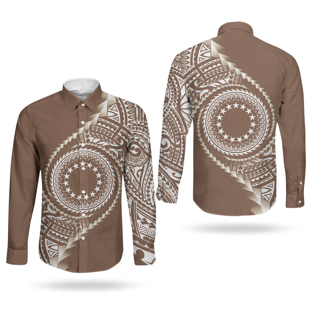Cook Islands Gospel Day Couples Matching Mermaid Dress and Long Sleeve Button Shirt Brown Tribal Curves LT05 - Polynesian Pride