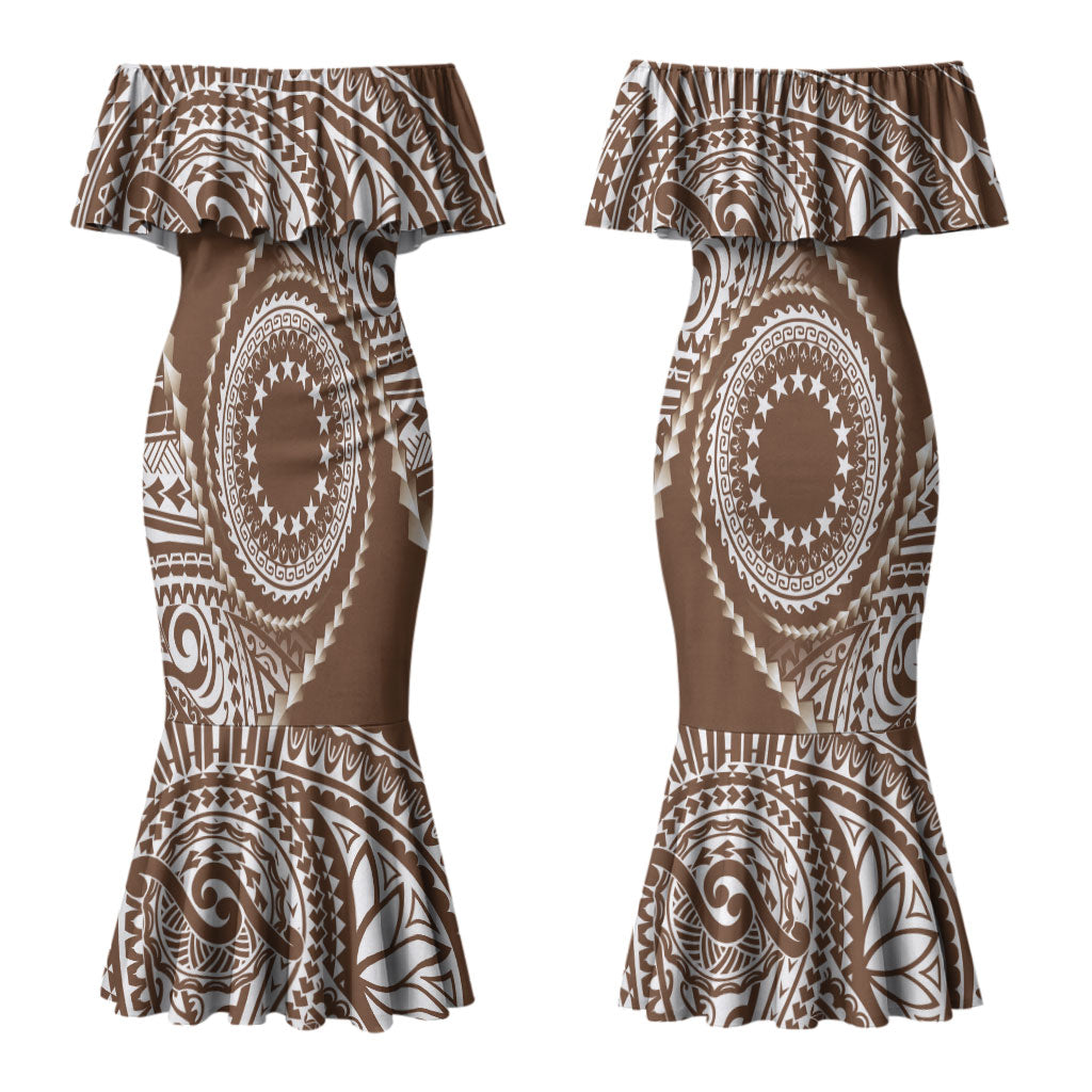 Cook Islands Gospel Day Couples Matching Mermaid Dress and Long Sleeve Button Shirt Brown Tribal Curves LT05 - Polynesian Pride