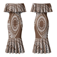 Cook Islands Gospel Day Couples Matching Mermaid Dress and Long Sleeve Button Shirt Brown Tribal Curves LT05 - Polynesian Pride