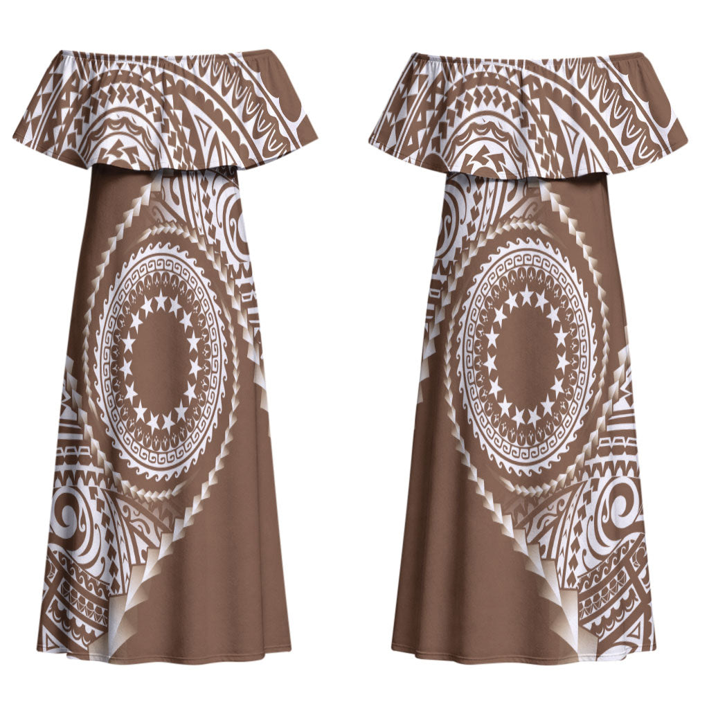 Cook Islands Gospel Day Couples Matching Off Shoulder Maxi Dress and Hawaiian Shirt Brown Tribal Curves LT05 - Polynesian Pride