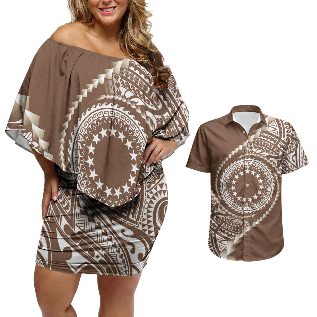 Cook Islands Gospel Day Couples Matching Off Shoulder Short Dress and Hawaiian Shirt Brown Tribal Curves LT05 Brown - Polynesian Pride