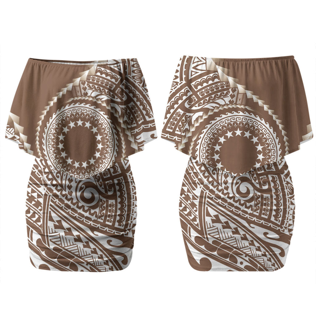Cook Islands Gospel Day Couples Matching Off Shoulder Short Dress and Hawaiian Shirt Brown Tribal Curves LT05 - Polynesian Pride