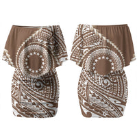 Cook Islands Gospel Day Couples Matching Off Shoulder Short Dress and Hawaiian Shirt Brown Tribal Curves LT05 - Polynesian Pride