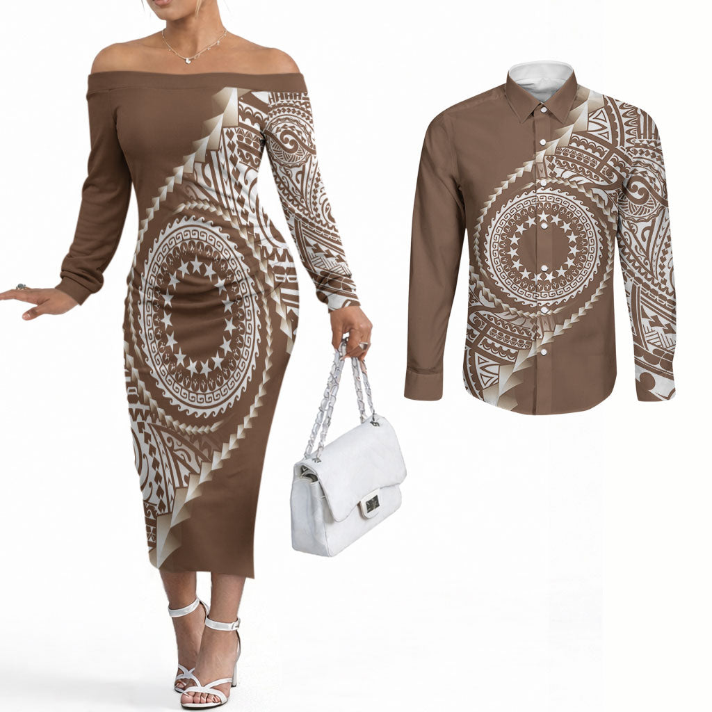 Cook Islands Gospel Day Couples Matching Off The Shoulder Long Sleeve Dress and Long Sleeve Button Shirt Brown Tribal Curves LT05 Brown - Polynesian Pride