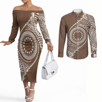 Cook Islands Gospel Day Couples Matching Off The Shoulder Long Sleeve Dress and Long Sleeve Button Shirt Brown Tribal Curves LT05 Brown - Polynesian Pride