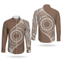 Cook Islands Gospel Day Couples Matching Off The Shoulder Long Sleeve Dress and Long Sleeve Button Shirt Brown Tribal Curves LT05 - Polynesian Pride