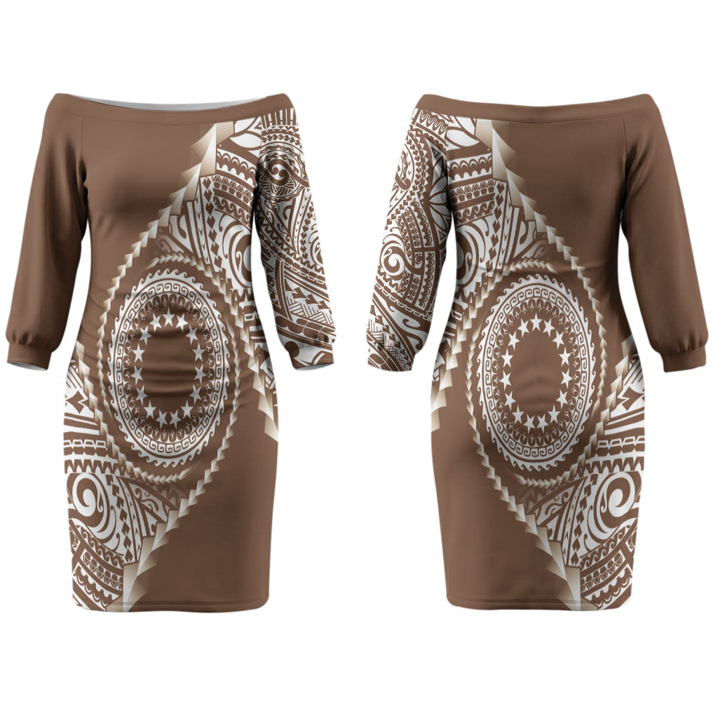 Cook Islands Gospel Day Couples Matching Off The Shoulder Long Sleeve Dress and Long Sleeve Button Shirt Brown Tribal Curves LT05 - Polynesian Pride