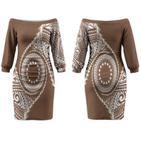 Cook Islands Gospel Day Couples Matching Off The Shoulder Long Sleeve Dress and Long Sleeve Button Shirt Brown Tribal Curves LT05 - Polynesian Pride
