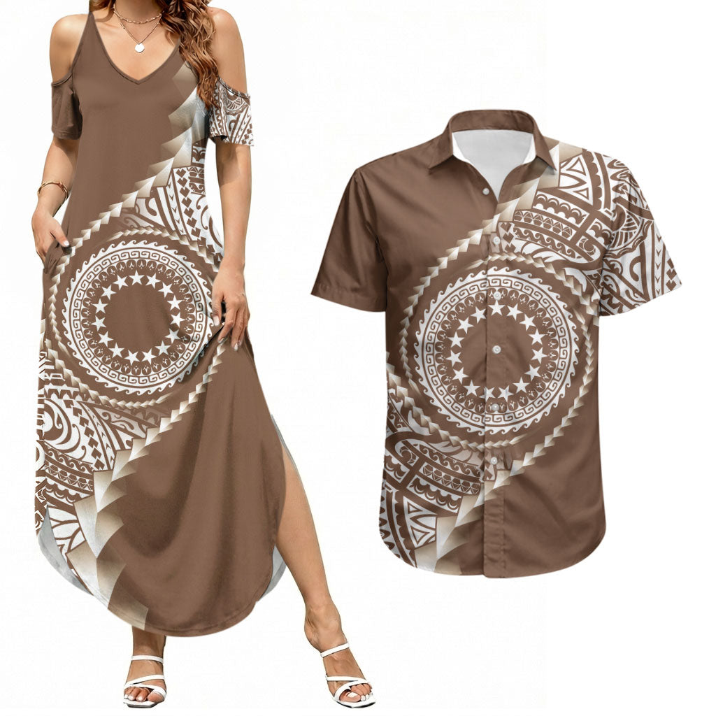 Cook Islands Gospel Day Couples Matching Summer Maxi Dress and Hawaiian Shirt Brown Tribal Curves LT05 Brown - Polynesian Pride