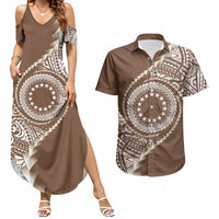 Cook Islands Gospel Day Couples Matching Summer Maxi Dress and Hawaiian Shirt Brown Tribal Curves LT05 Brown - Polynesian Pride
