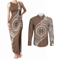 Cook Islands Gospel Day Couples Matching Tank Maxi Dress and Long Sleeve Button Shirt Brown Tribal Curves LT05 Brown - Polynesian Pride