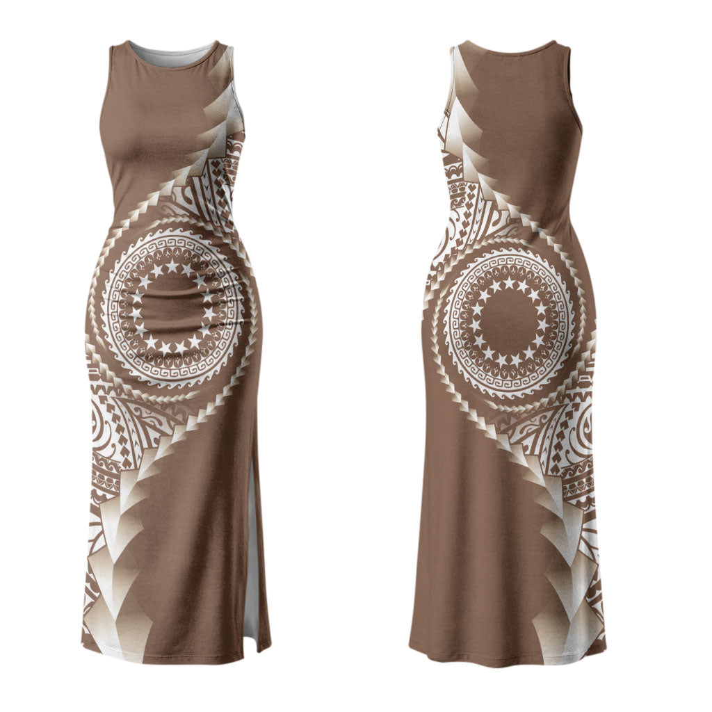 Cook Islands Gospel Day Couples Matching Tank Maxi Dress and Long Sleeve Button Shirt Brown Tribal Curves LT05 - Polynesian Pride