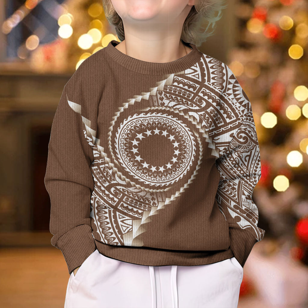 Cook Islands Gospel Day Kid Ugly Christmas Sweater Brown Tribal Curves LT05 - Polynesian Pride