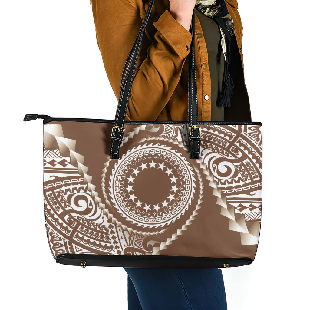 Cook Islands Gospel Day Leather Tote Bag Brown Tribal Curves LT05 - Polynesian Pride