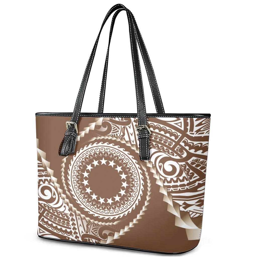 Cook Islands Gospel Day Leather Tote Bag Brown Tribal Curves LT05 - Polynesian Pride