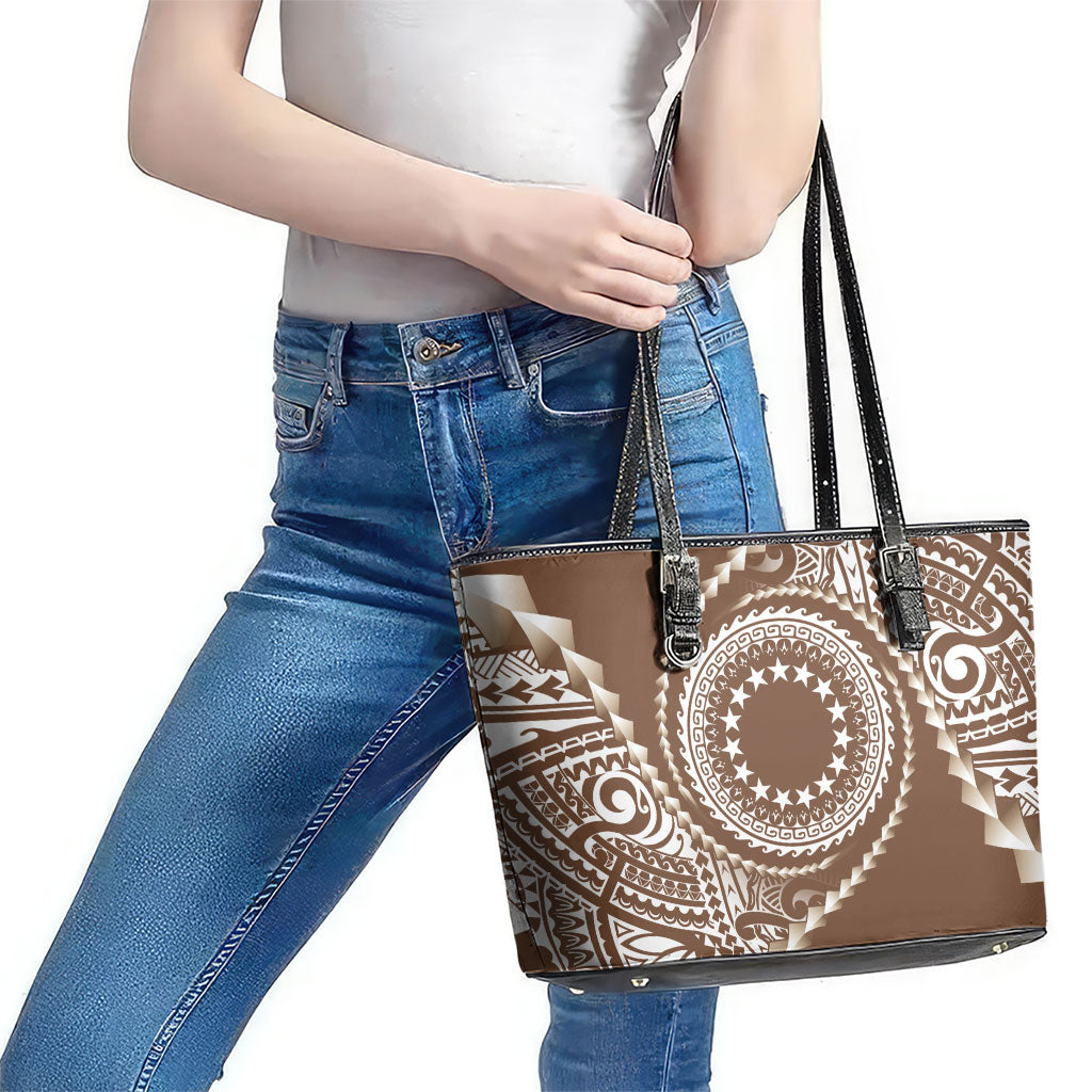 Cook Islands Gospel Day Leather Tote Bag Brown Tribal Curves LT05 - Polynesian Pride