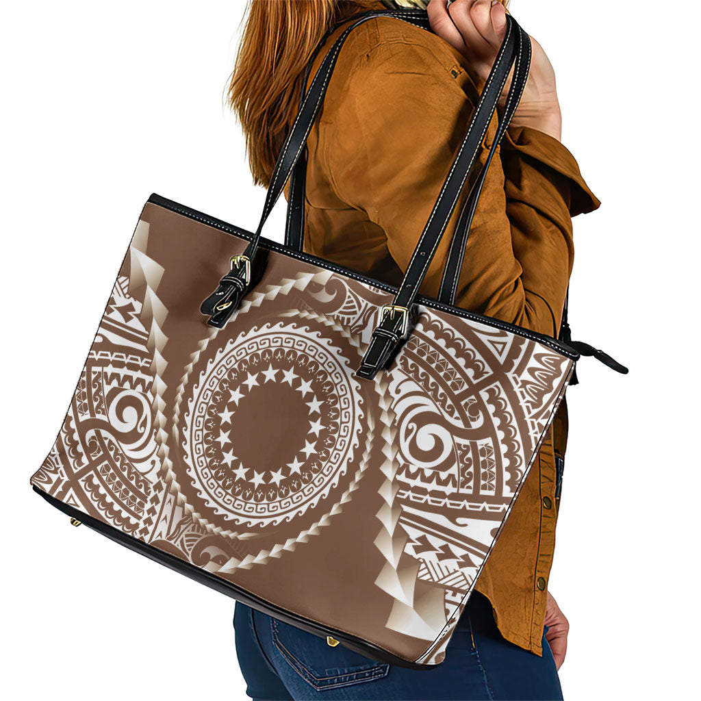 Cook Islands Gospel Day Leather Tote Bag Brown Tribal Curves LT05 - Polynesian Pride