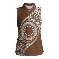 Cook Islands Gospel Day Women Sleeveless Polo Shirt Brown Tribal Curves LT05 Female Brown - Polynesian Pride