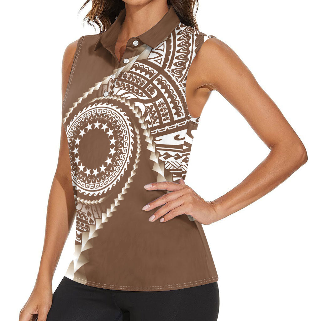 Cook Islands Gospel Day Women Sleeveless Polo Shirt Brown Tribal Curves LT05 - Polynesian Pride