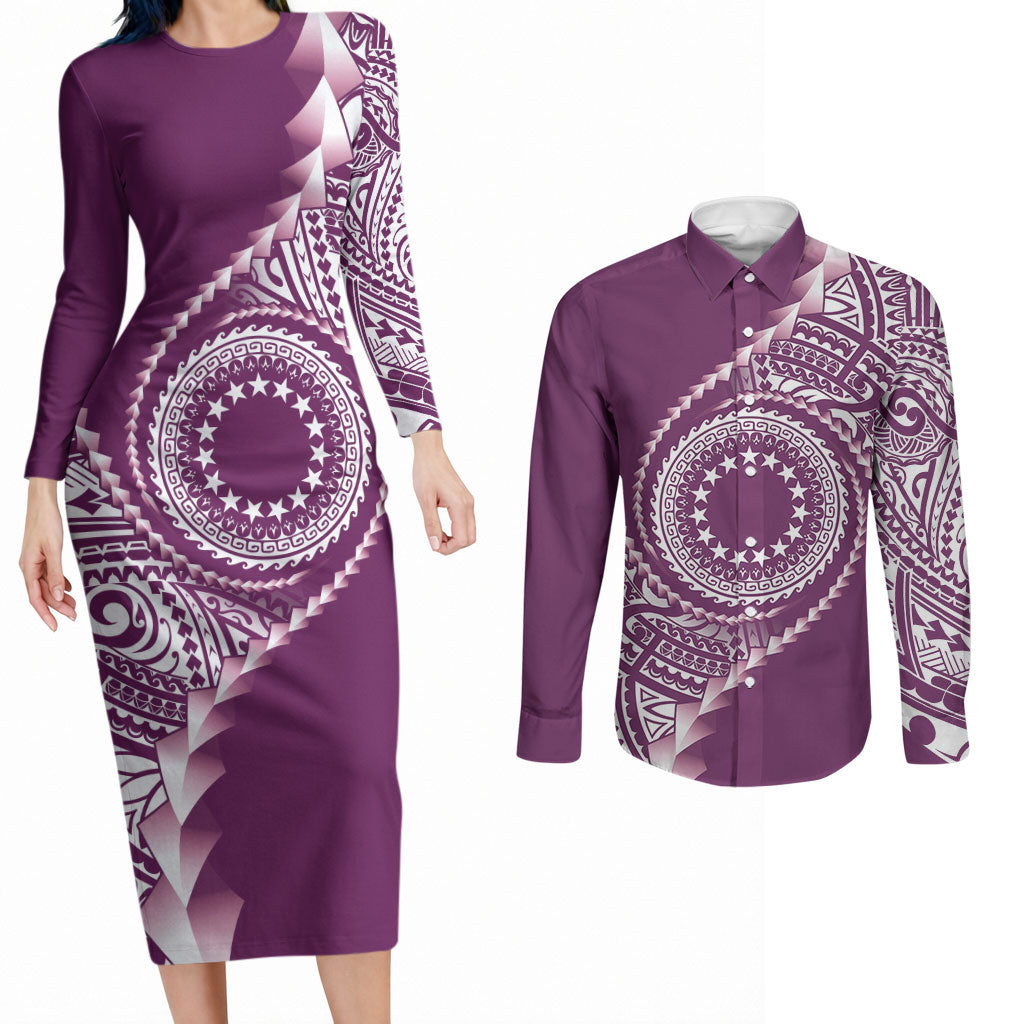 Cook Islands Gospel Day Couples Matching Long Sleeve Bodycon Dress and Long Sleeve Button Shirt Maroon Tribal Curves LT05 Maroon - Polynesian Pride
