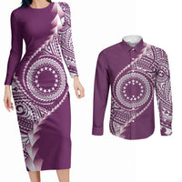 Cook Islands Gospel Day Couples Matching Long Sleeve Bodycon Dress and Long Sleeve Button Shirt Maroon Tribal Curves LT05 Maroon - Polynesian Pride
