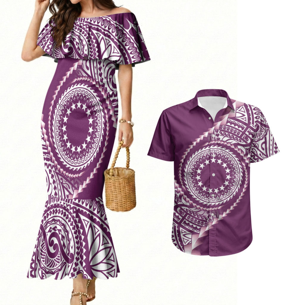 Cook Islands Gospel Day Couples Matching Mermaid Dress and Hawaiian Shirt Maroon Tribal Curves LT05 Maroon - Polynesian Pride