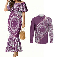 Cook Islands Gospel Day Couples Matching Mermaid Dress and Long Sleeve Button Shirt Maroon Tribal Curves LT05 Maroon - Polynesian Pride