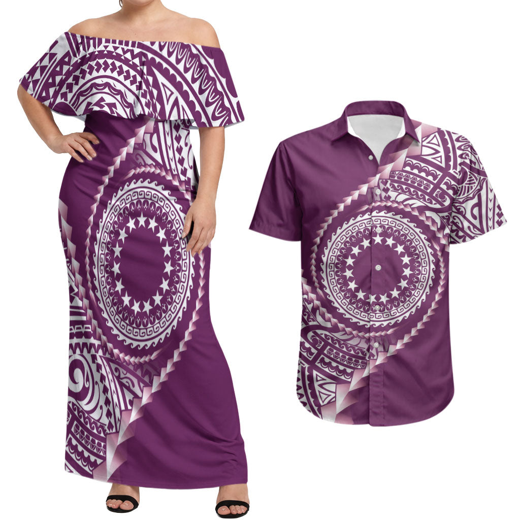 Cook Islands Gospel Day Couples Matching Off Shoulder Maxi Dress and Hawaiian Shirt Maroon Tribal Curves LT05 Maroon - Polynesian Pride