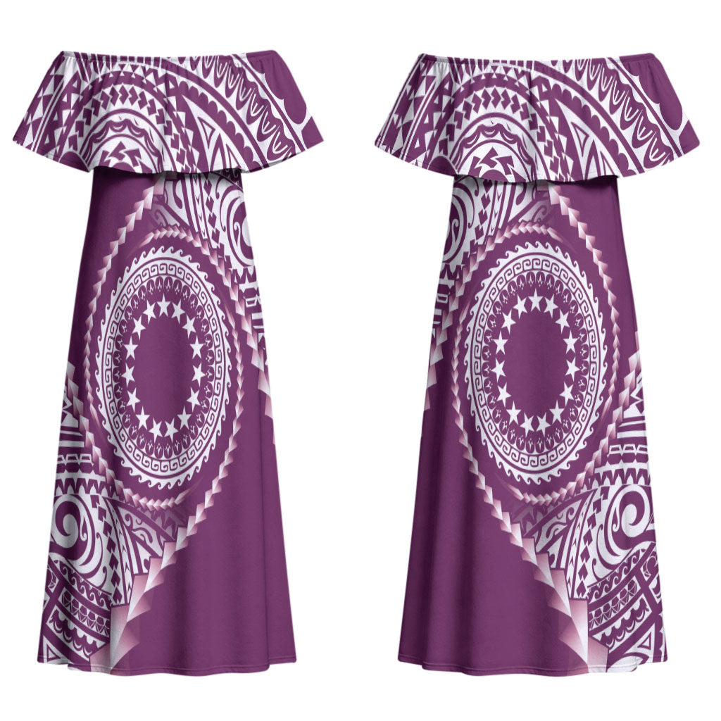 Cook Islands Gospel Day Couples Matching Off Shoulder Maxi Dress and Long Sleeve Button Shirt Maroon Tribal Curves