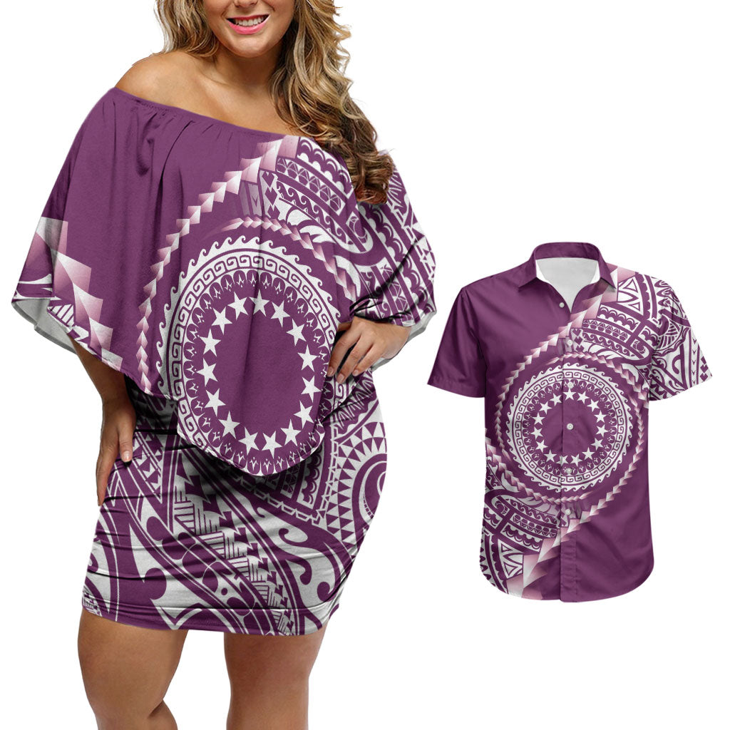 Cook Islands Gospel Day Couples Matching Off Shoulder Short Dress and Hawaiian Shirt Maroon Tribal Curves LT05 Maroon - Polynesian Pride