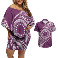 Cook Islands Gospel Day Couples Matching Off Shoulder Short Dress and Hawaiian Shirt Maroon Tribal Curves LT05 Maroon - Polynesian Pride