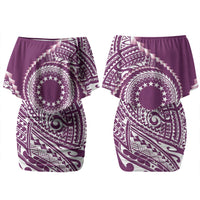 Cook Islands Gospel Day Couples Matching Off Shoulder Short Dress and Hawaiian Shirt Maroon Tribal Curves LT05 - Polynesian Pride