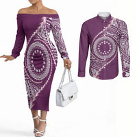 Cook Islands Gospel Day Couples Matching Off The Shoulder Long Sleeve Dress and Long Sleeve Button Shirt Maroon Tribal Curves LT05 Maroon - Polynesian Pride