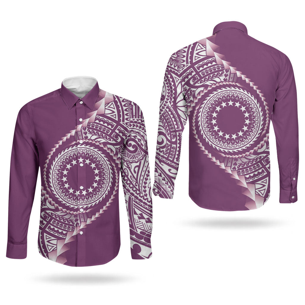 Cook Islands Gospel Day Couples Matching Off The Shoulder Long Sleeve Dress and Long Sleeve Button Shirt Maroon Tribal Curves LT05 - Polynesian Pride