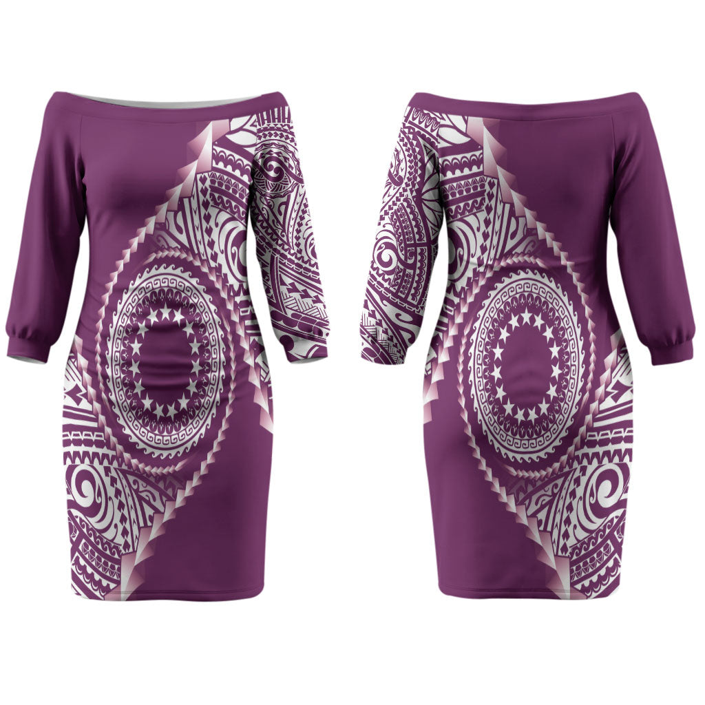 Cook Islands Gospel Day Couples Matching Off The Shoulder Long Sleeve Dress and Long Sleeve Button Shirt Maroon Tribal Curves LT05 - Polynesian Pride
