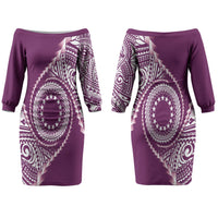 Cook Islands Gospel Day Couples Matching Off The Shoulder Long Sleeve Dress and Long Sleeve Button Shirt Maroon Tribal Curves LT05 - Polynesian Pride