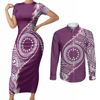 Cook Islands Gospel Day Couples Matching Short Sleeve Bodycon Dress and Long Sleeve Button Shirt Maroon Tribal Curves LT05 Maroon - Polynesian Pride