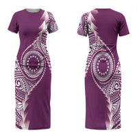 Cook Islands Gospel Day Couples Matching Short Sleeve Bodycon Dress and Long Sleeve Button Shirt Maroon Tribal Curves LT05 - Polynesian Pride