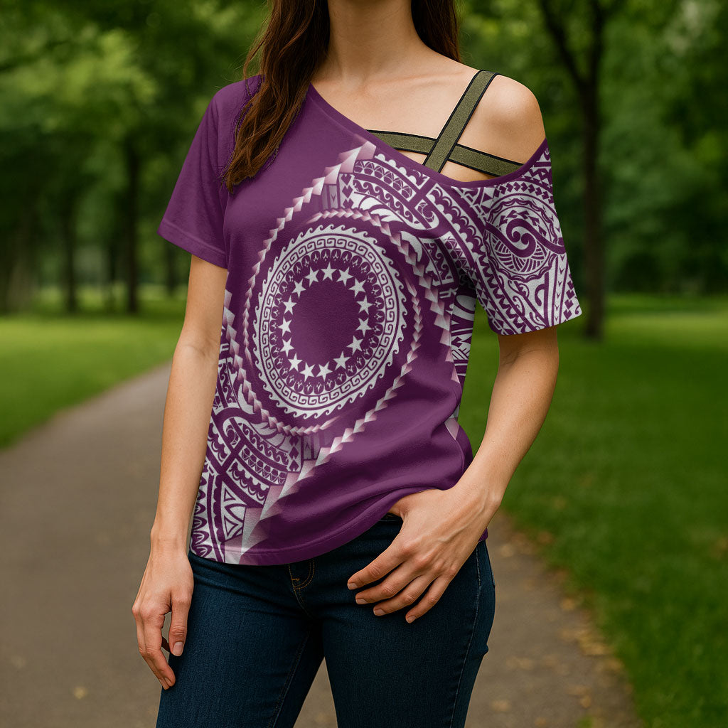 Cook Islands Gospel Day Cross Shoulder Shirt Maroon Tribal Curves