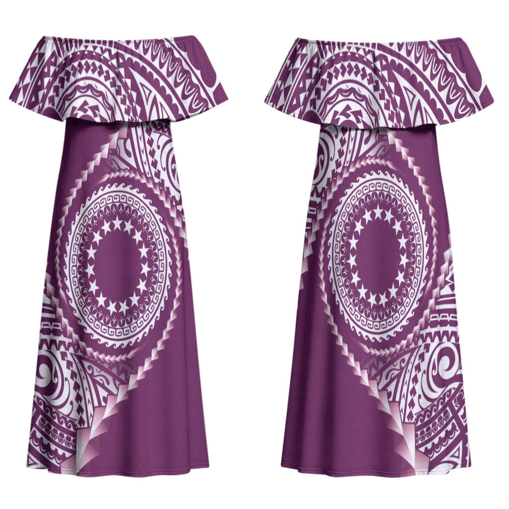 Cook Islands Gospel Day Family Matching Off Shoulder Maxi Dress and Hawaiian Shirt Maroon Tribal Curves LT05 Mom's Dress Maroon - Polynesian Pride