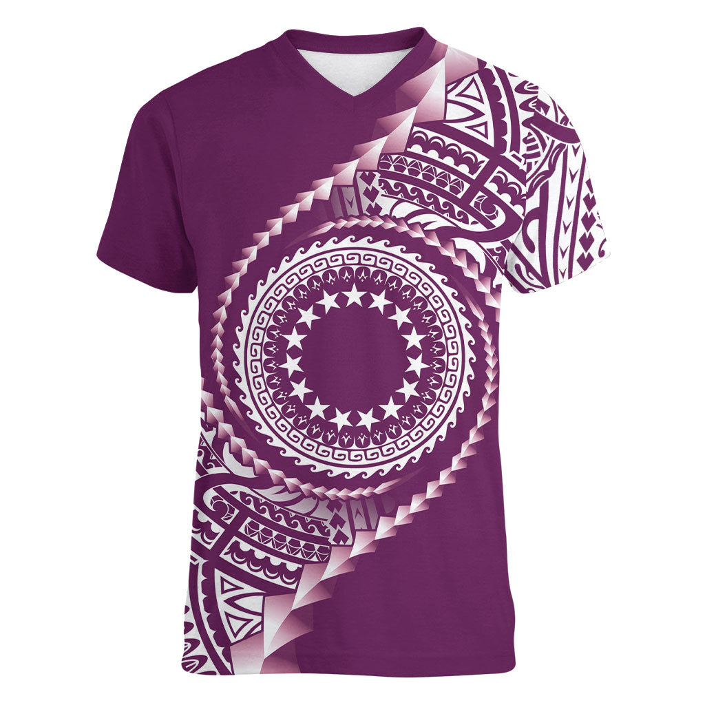 Cook Islands Gospel Day Women V-Neck T-Shirt Maroon Tribal Curves LT05 Female Maroon - Polynesian Pride