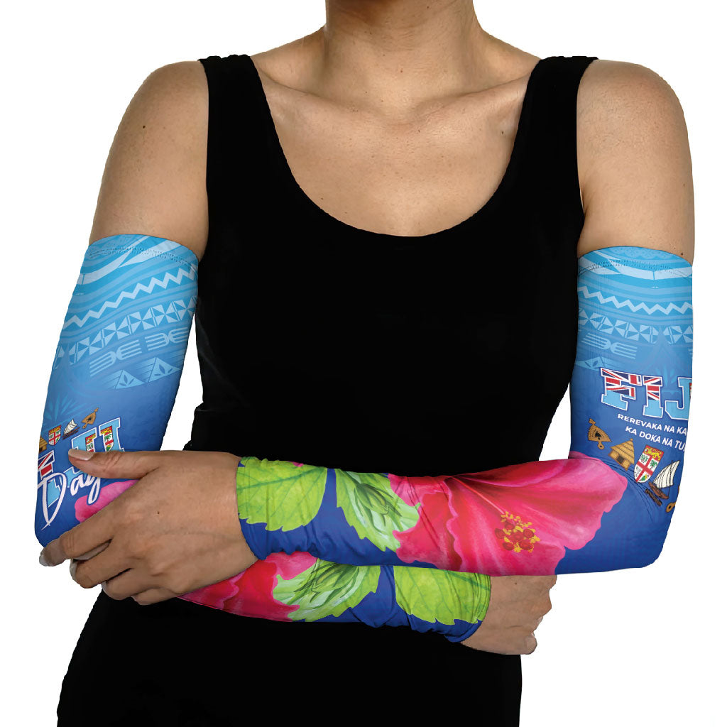 Bula Fiji Day Arm Sleeves Traditional Tapa Pattern With Hibiscus LT05 - Polynesian Pride