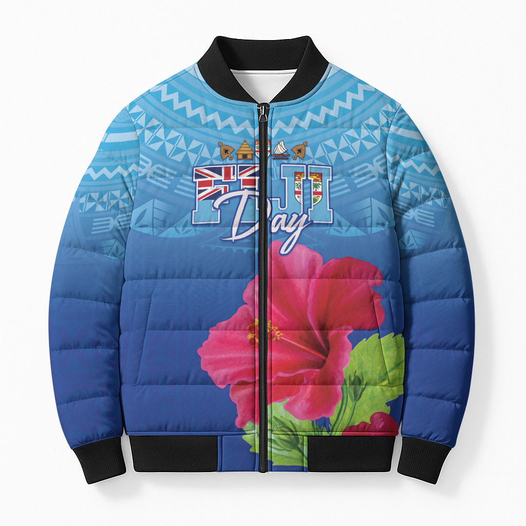 Bula Fiji Day Bomber Puffer Jacket Traditional Tapa Pattern With Hibiscus