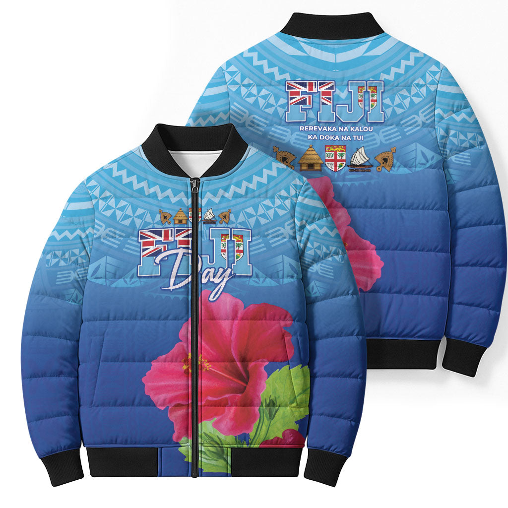 Bula Fiji Day Bomber Puffer Jacket Traditional Tapa Pattern With Hibiscus LT05 - Polynesian Pride