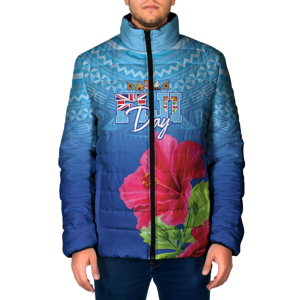 Bula Fiji Day Padded Jacket Traditional Tapa Pattern With Hibiscus